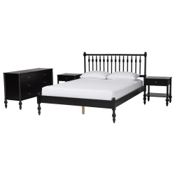 Baxton Studio Denita Spindle 4-Piece Bedroom Set - Farmhouse Platform Bed with Matching Dresser and 1-Drawer Nightstands, Black, Queen